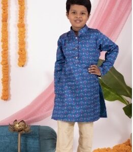 Blue Digital printed Modal satin Silk Stand Collar Kurta