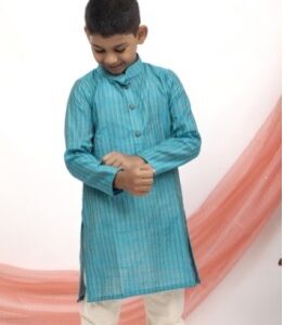 Teal blue Cotton silk striped regular stand collar kurta